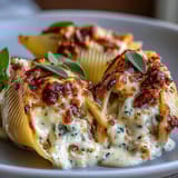 Close-up of creamy pumpkin and smoked Gouda filling inside jumbo pasta shells, drenched in luscious brown butter sage Alfredo.  