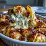 A bubbling casserole dish of creamy scalloped potatoes layered with melted cheddar and mozzarella cheese.  