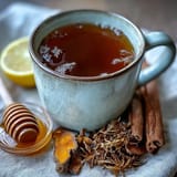 Warm cup of dandelion root tea with ginger and turmeric, garnished with a lemon slice and a sprinkle of black pepper.