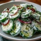 A bowl of Creamy Cucumber Dill Salad featuring crisp cucumber slices and red onion, tossed in a creamy, herby dressing.