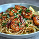 Shrimp Scampi Linguine glistening with garlic, lemon, and fresh parsley.