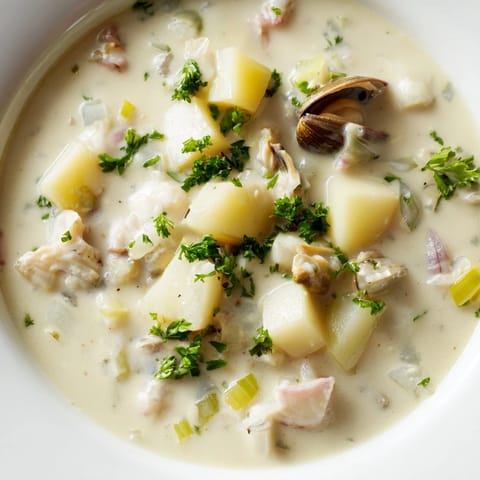 Thick and hearty Clam Chowder, a classic soup with tender clams and potatoes.
