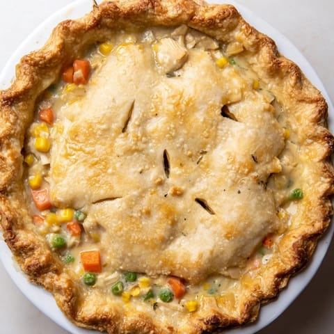 A close-up of a steaming Chicken Pot Pie, offering a creamy, savory, delicious aroma.