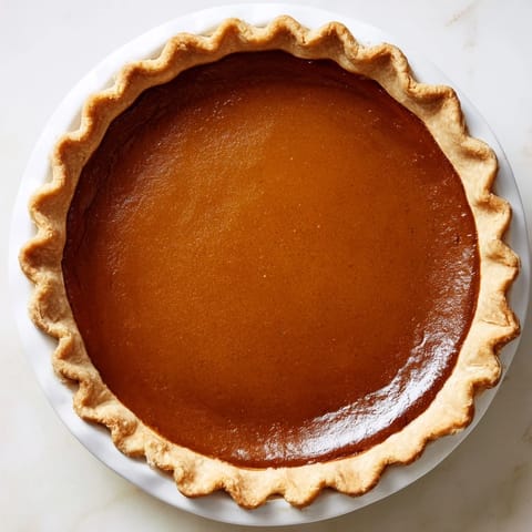 Golden, spiced pumpkin pie, perfectly baked with a flaky crust, ready to enjoy.