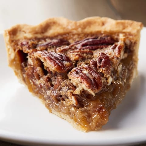 Golden-brown Pecan Pie, a classic dessert with a flaky crust and glistening pecan topping.