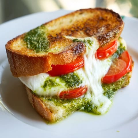 Golden-brown Caprese Pesto Grilled Cheese on sourdough, oozing melted mozzarella and tomato between crispy, buttery slices.  