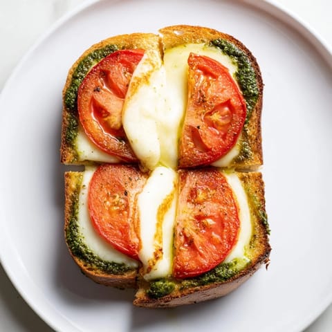 The finished Caprese Pesto Grilled Cheese sandwich, cut diagonally to reveal layers of fresh tomato and mozzarella.  