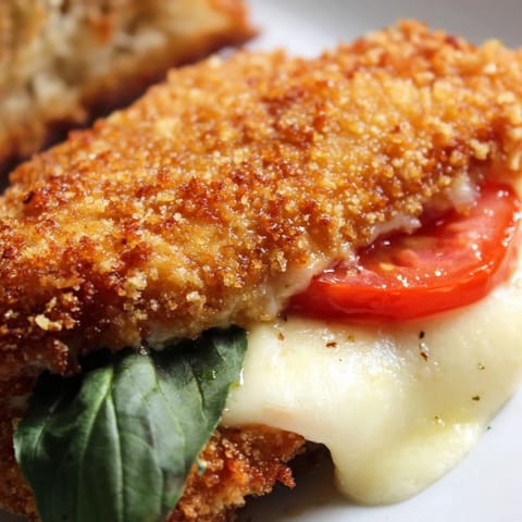 Golden, breaded chicken cutlets with melted mozzarella and fresh basil on a toasted ciabatta roll for a Caprese sandwich.