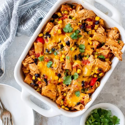 The Chicken Burrito Pasta Bake emerges from the oven, garnished with fresh cilantro and lime wedges alongside a casserole dish.