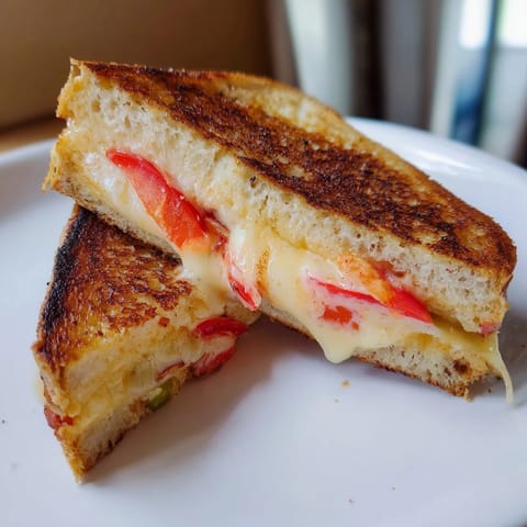 Golden-brown Pepper Jack & Tomato Grilled Cheese slices, melty cheese oozing onto a plate.