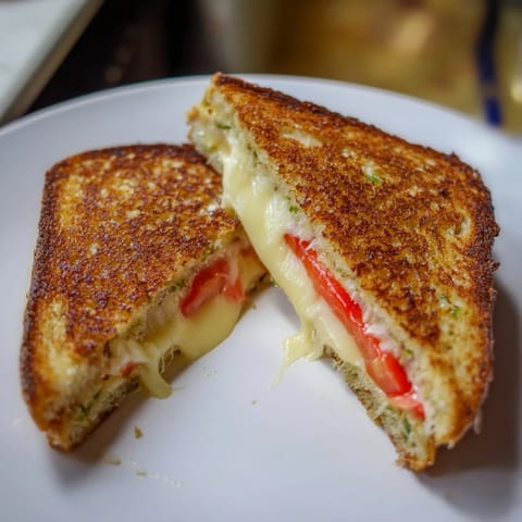 Close-up of Pepper Jack & Tomato Grilled Cheese with fresh tomato layers.