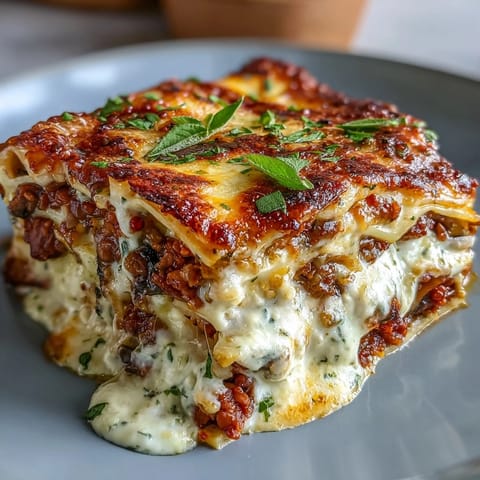 One-pan smoky veggie lentil lasagne layered with rich béchamel and vibrant vegetables in a rustic skillet.