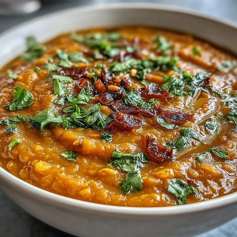 Golden-brown cumin-roasted cauliflower rests atop a creamy red lentil dhal, garnished with fresh cilantro.