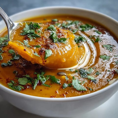 Velvety roasted butternut squash and lentil soup simmered with warming spices, ideal for cozy fall evenings.  