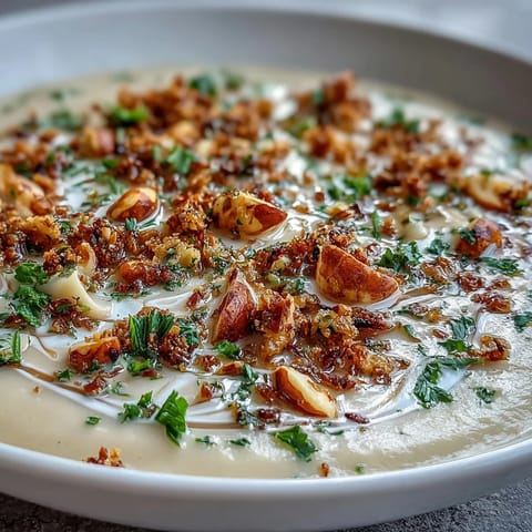 A bowl of velvety celeriac soup with hazelnut crumble, garnished with fresh parsley and a light drizzle of cream.