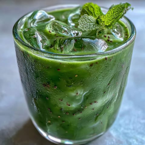 A chilled glass of Green Detox Smoothie with vibrant spinach, romaine, and mint leaves, topped with chia seeds.  