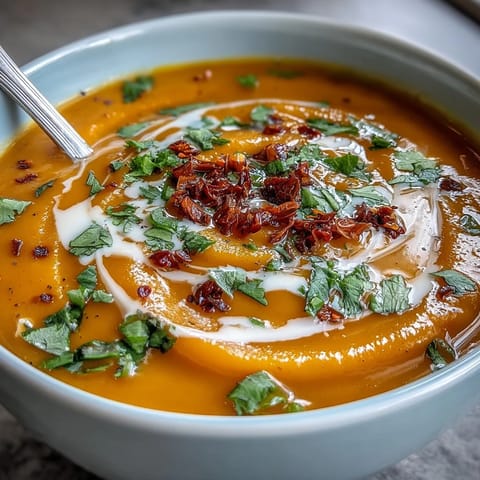 A steaming bowl of vibrant Carrot, Celeriac, and Chilli Soup garnished with fresh cilantro and a swirl of creamy coconut yogurt.  