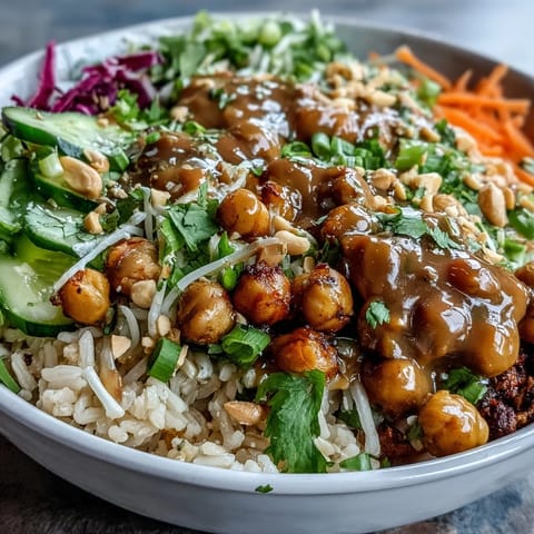 A vibrant Peanut Chickpea Rice Bowl with fluffy brown rice, crunchy peanuts, and colorful shredded vegetables.