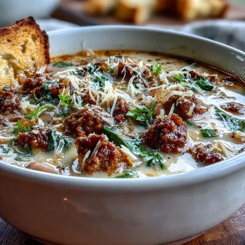 Golden-brown sausage crumbles and tender white beans swim in a creamy broth, flecked with wilted spinach and carrots.