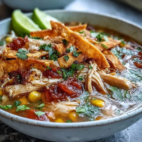 Ladle of Best Chicken Tortilla Soup features shredded chicken, corn, and fire-roasted tomatoes in a rich broth.