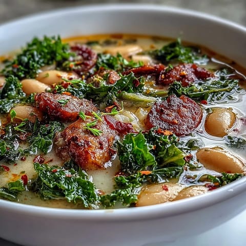 Hearty Italian White Bean Soup with Kale and Sausage served alongside crusty bread for dipping.  