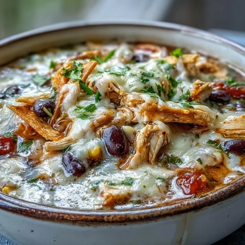 Hearty Easy Chicken Tortilla Soup in a rustic bowl with lime wedges and creamy melted cheese.