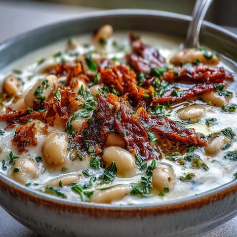 A ladle of velvety Creamy Tuscan White Bean Soup topped with Parmesan and a drizzle of olive oil.