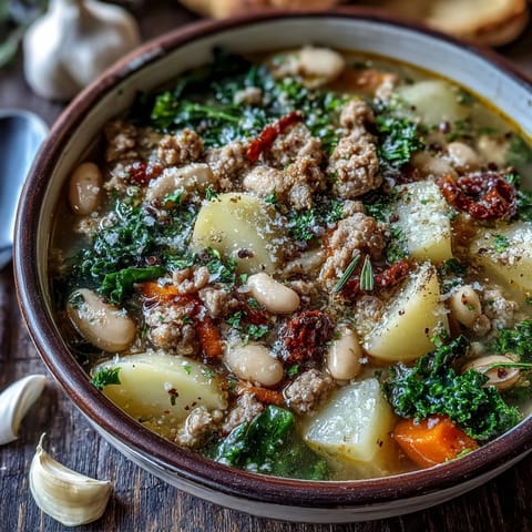 A close-up of Tuscan White Bean Sausage Soup in a rustic bowl, featuring creamy cannellini beans, savory sausage crumbles, and wilted kale.