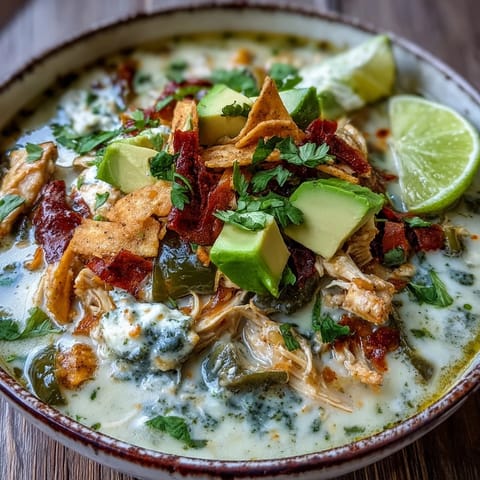 A bowl of creamy chicken tortilla soup topped with diced avocado, crushed tortilla chips, and fresh cilantro, garnished with lime.