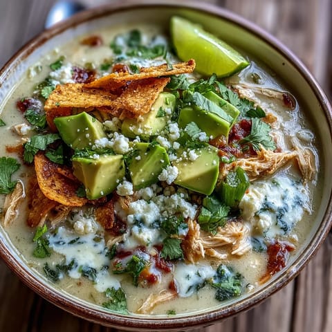 Creamy chicken tortilla soup in a rustic bowl, featuring shredded chicken, salsa verde base, and a dollop of sour cream.