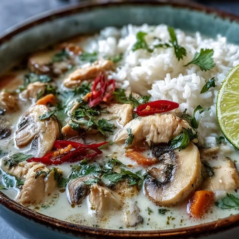 A close-up bowl of Thai Coconut Curry Soup with tender chicken, sliced mushrooms, and fluffy jasmine rice in creamy coconut broth, garnished with cilantro and lime wedges.