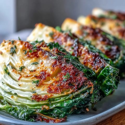Tender cabbage wedges brushed with garlic oil and topped with melted Parmesan and herbs, perfect alongside grilled chicken. 