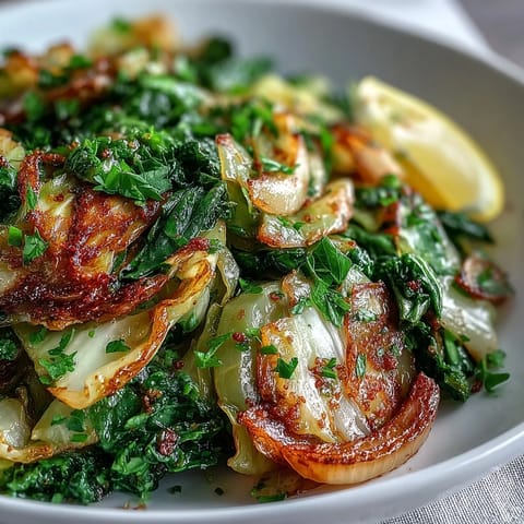 Sautéed Cabbage With Garlic and Mediterranean Spices sautéed until tender with caramelized edges and bright parsley garnish.
