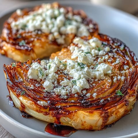 Thick slices of Crispy Cabbage Steaks With Feta and Balsamic topped with tangy balsamic glaze, ideal as a vegetarian Mediterranean side.