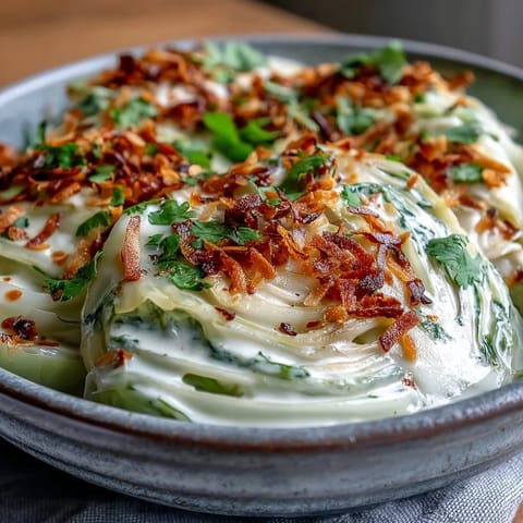 Tender slices of cabbage in a rich coconut braise, garnished with fresh cilantro and toasted coconut flakes.
