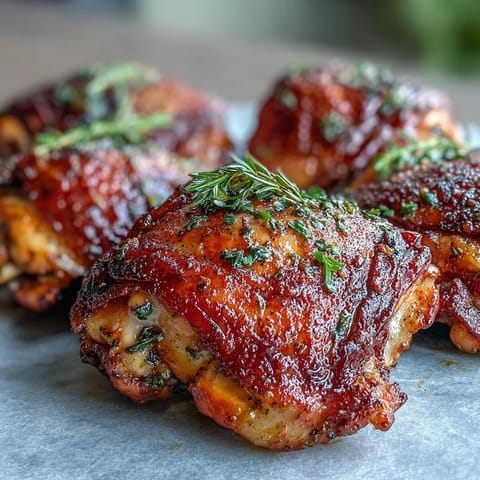 Crispy baked bone-in chicken thighs arranged on a wire rack, showcasing deep golden skin and tender dark meat, ready for a family dinner.