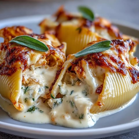 Golden, bubbly pumpkin & Gouda stuffed shells topped with crispy sage leaves, served in a rich brown butter Alfredo sauce.  