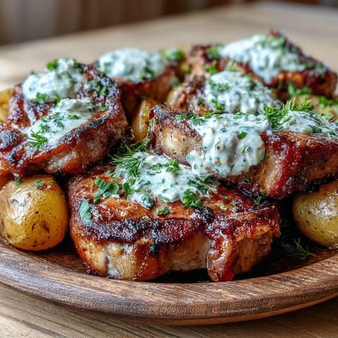 Golden-seared pork chops slow-cooked in creamy ranch sauce with tender potatoes and carrots.