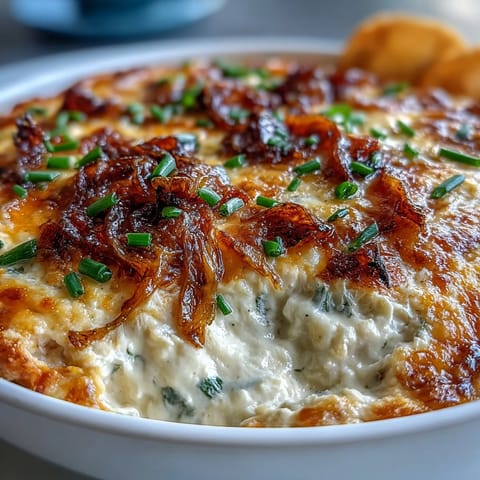 Golden bubbling Smoked Gouda & Onion Dip fresh from the oven, topped with fresh chives and served with tortilla chips.
