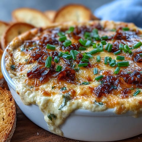 Warm, creamy Smoked Gouda & Onion Dip in a baking dish, garnished with chives and surrounded by crisp vegetables.