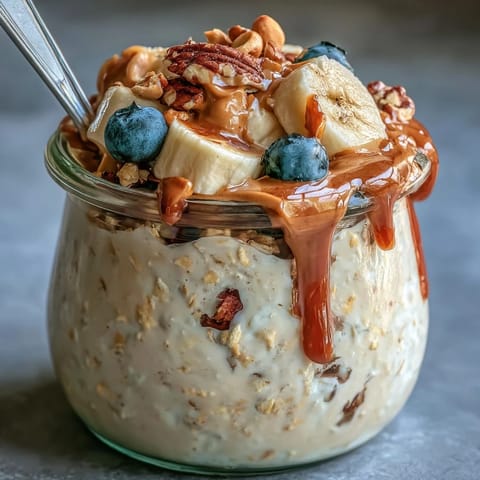Creamy peanut butter overnight oats layered with banana slices and chopped nuts in a glass jar.
