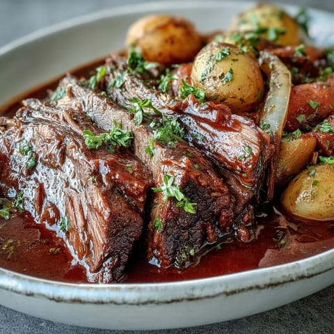 Golden-brown Beef Pot Roast with tender carrots and potatoes in rich red wine gravy on a rustic plate.