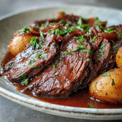 Slow-braised Beef Pot Roast with juicy beef chunks, celery, and carrots, served ready to enjoy.