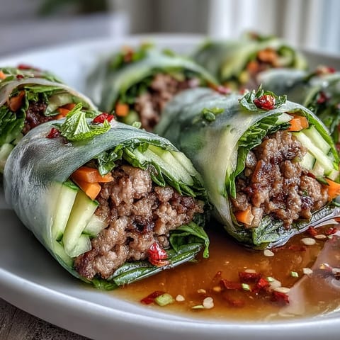 Freshly rolled Thai Basil Beef Rolls filled with savory ground beef, crisp cucumber, and herbs, served with a vibrant dipping sauce on a white plate.