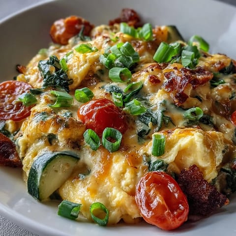 Fluffy scrambled eggs with spinach, peppers, and zucchini, finished with gooey cheddar in a wholesome morning bowl.