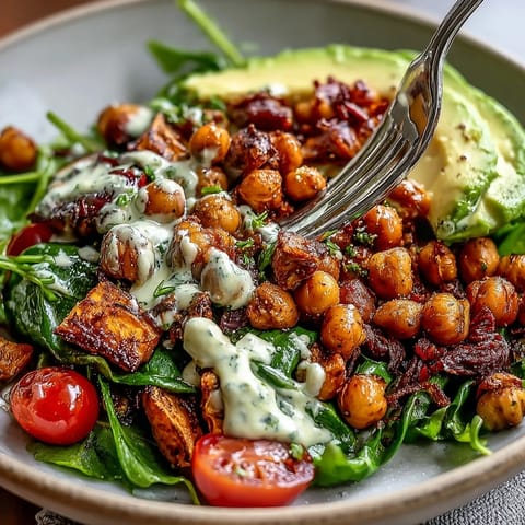 A vibrant Breakfast Buddha Bowl with roasted sweet potatoes, crispy chickpeas, and fresh avocado on a bed of greens, drizzled with creamy tahini dressing.