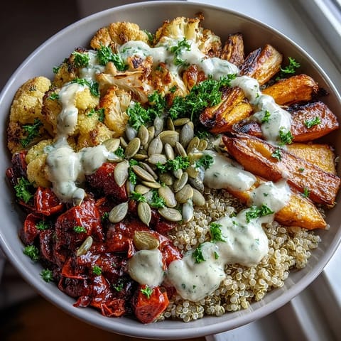 Hearty lentil power bowl with roasted vegetables and quinoa, drizzled with creamy tahini dressing for a nourishing vegan meal.