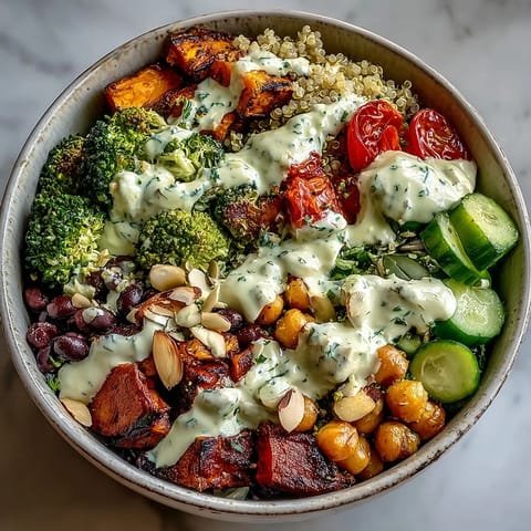 Wholesome week-long power bowl featuring fluffy quinoa, colorful roasted veggies, black beans, and seeds, drizzled with zesty homemade dressing.  
