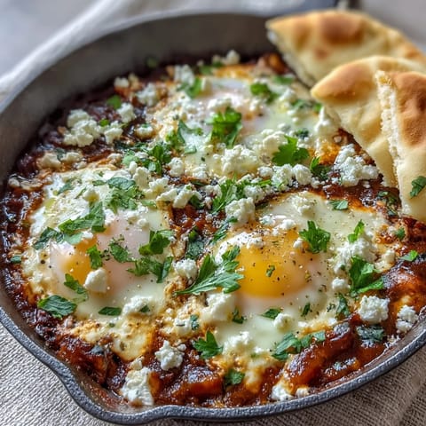 Vibrant shakshuka bowl with poached eggs in spiced tomato sauce, garnished with fresh herbs and served with warm pita bread for dipping.  