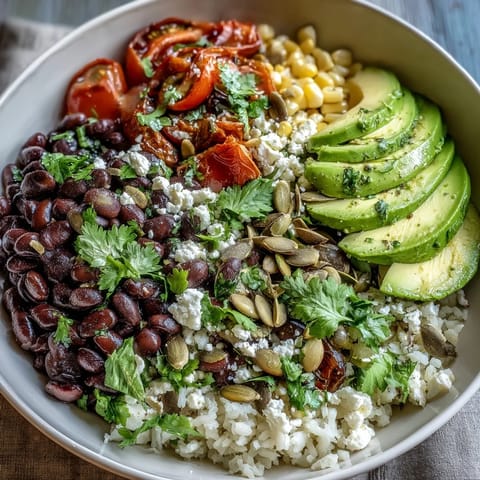A colorful Black Bean and Veggie Bowl with creamy avocado, sweet corn, and zesty lime dressing, perfect for a healthy lunch.  